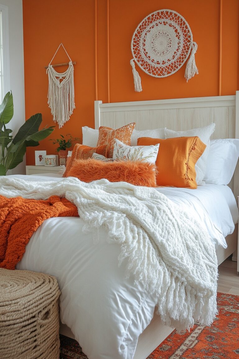 A boho bedroom with a macramé wall hanging, tangerine patterned bedding, and a rattan pendant light