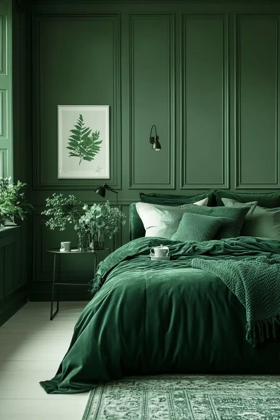 moody green bedroom