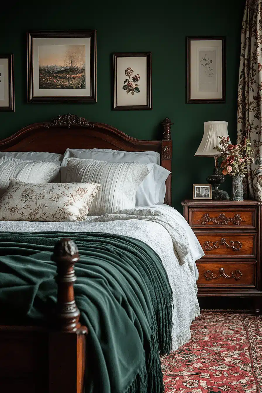 moody green bedroom