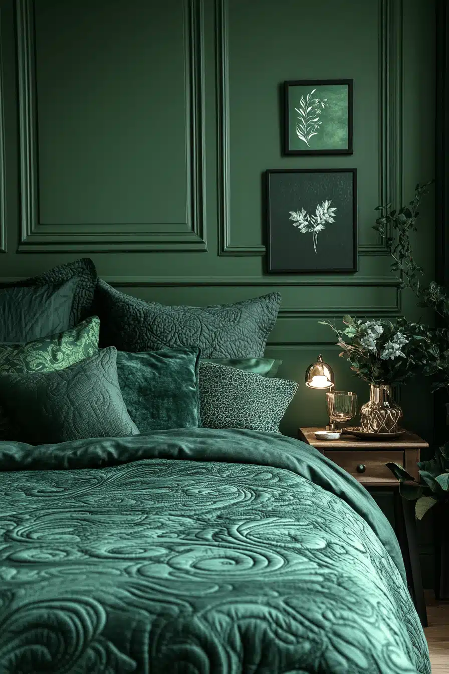 moody green bedroom