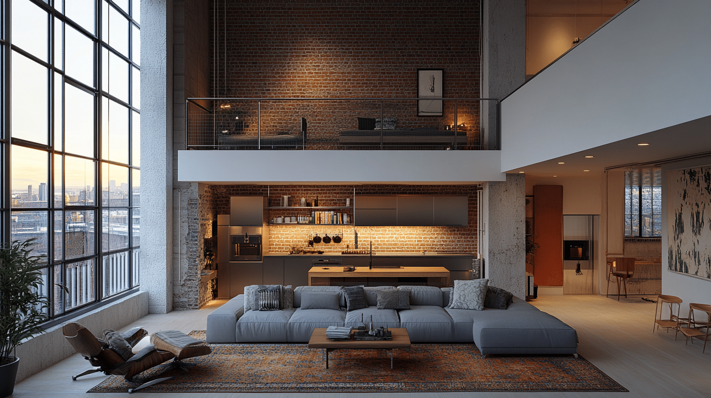 View of Inside a chic, industrial-inspired penthouse loft with skyline views