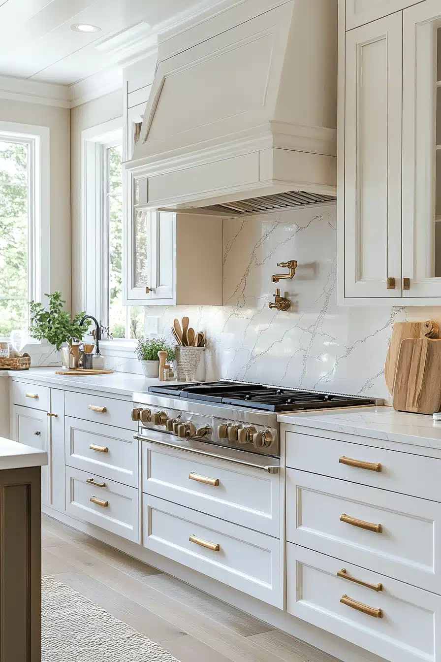 white and gold kitchen