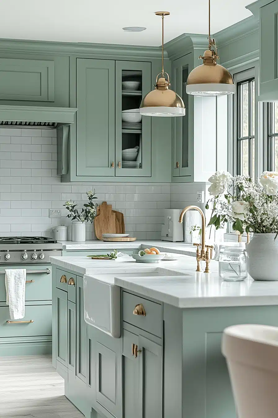 green and white kitchen