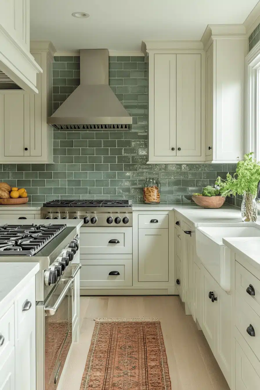 green and white kitchen