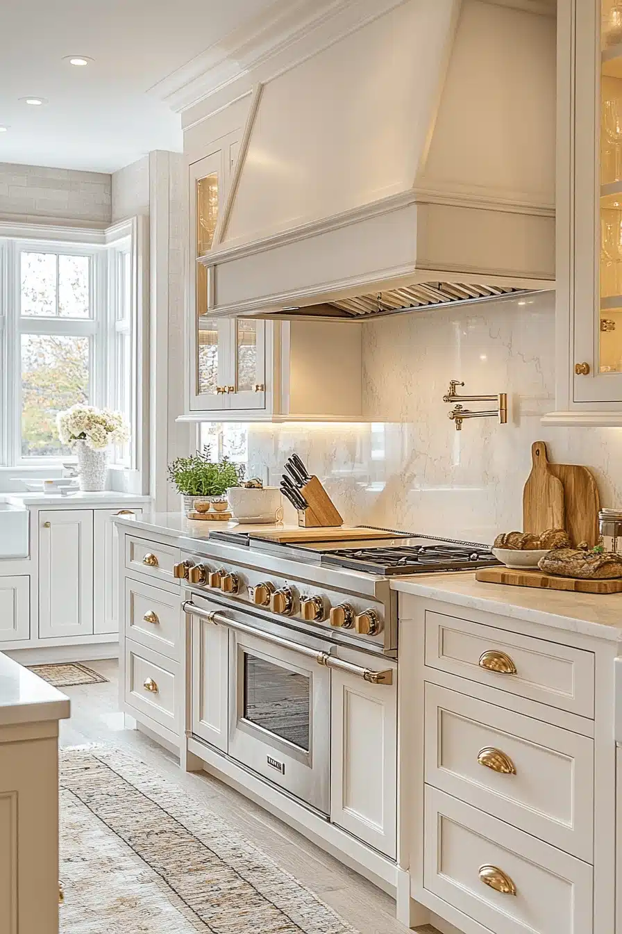 white and gold kitchen