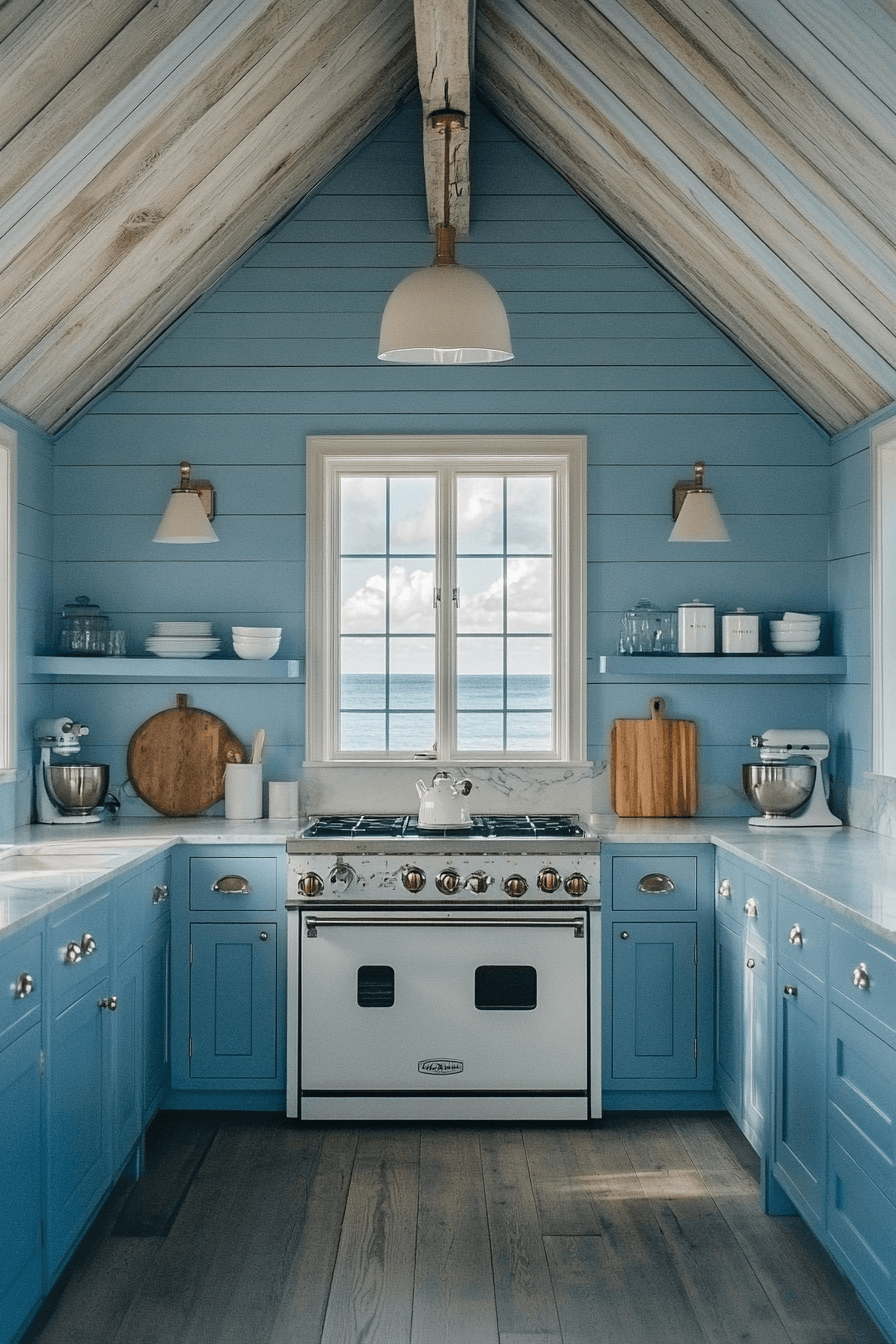 blue and white kitchen cabinets