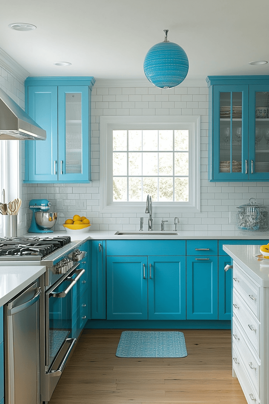 blue and white kitchen cabinets