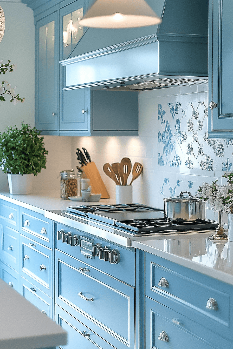 blue and white kitchen cabinets