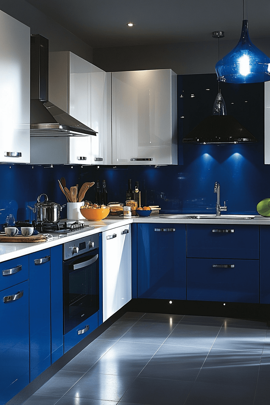 blue and white kitchen cabinets