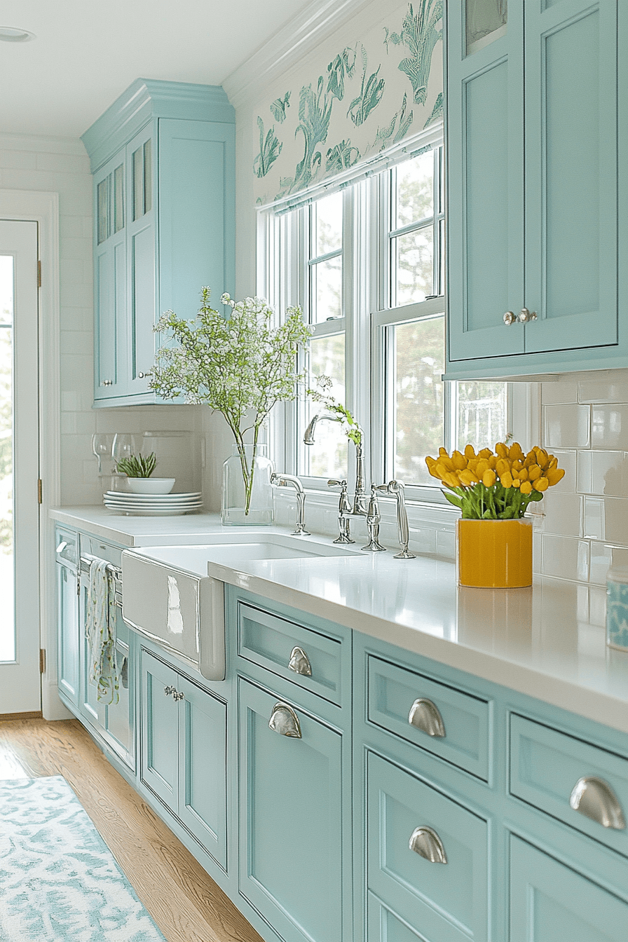 blue and white kitchen cabinets