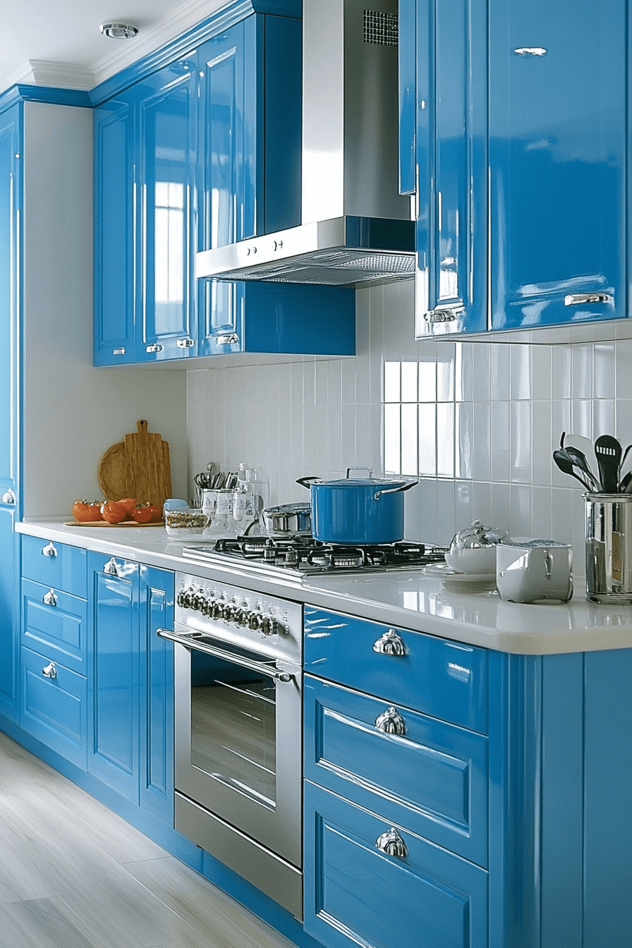 blue and white kitchen cabinets