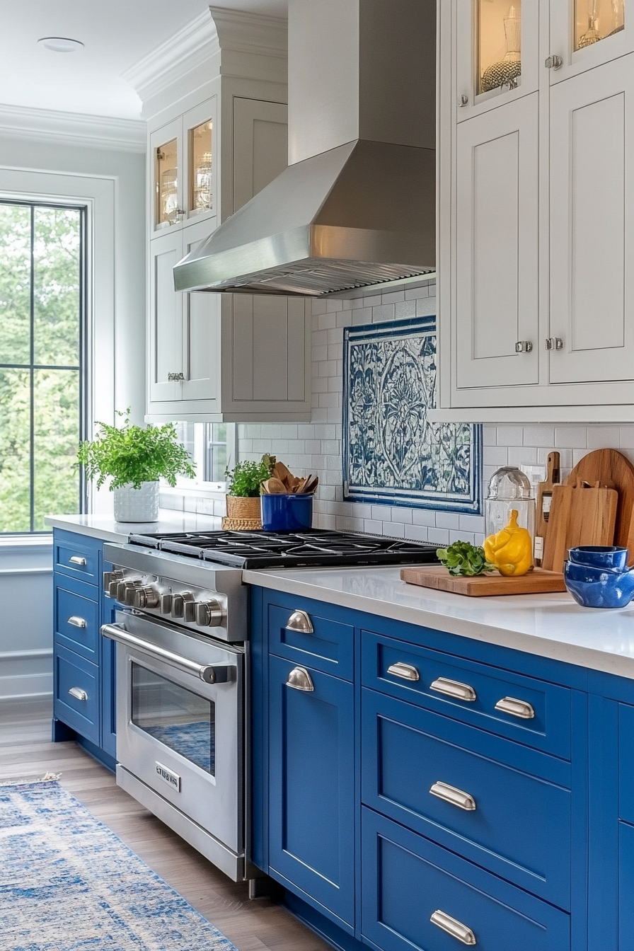 blue and white kitchen cabinets