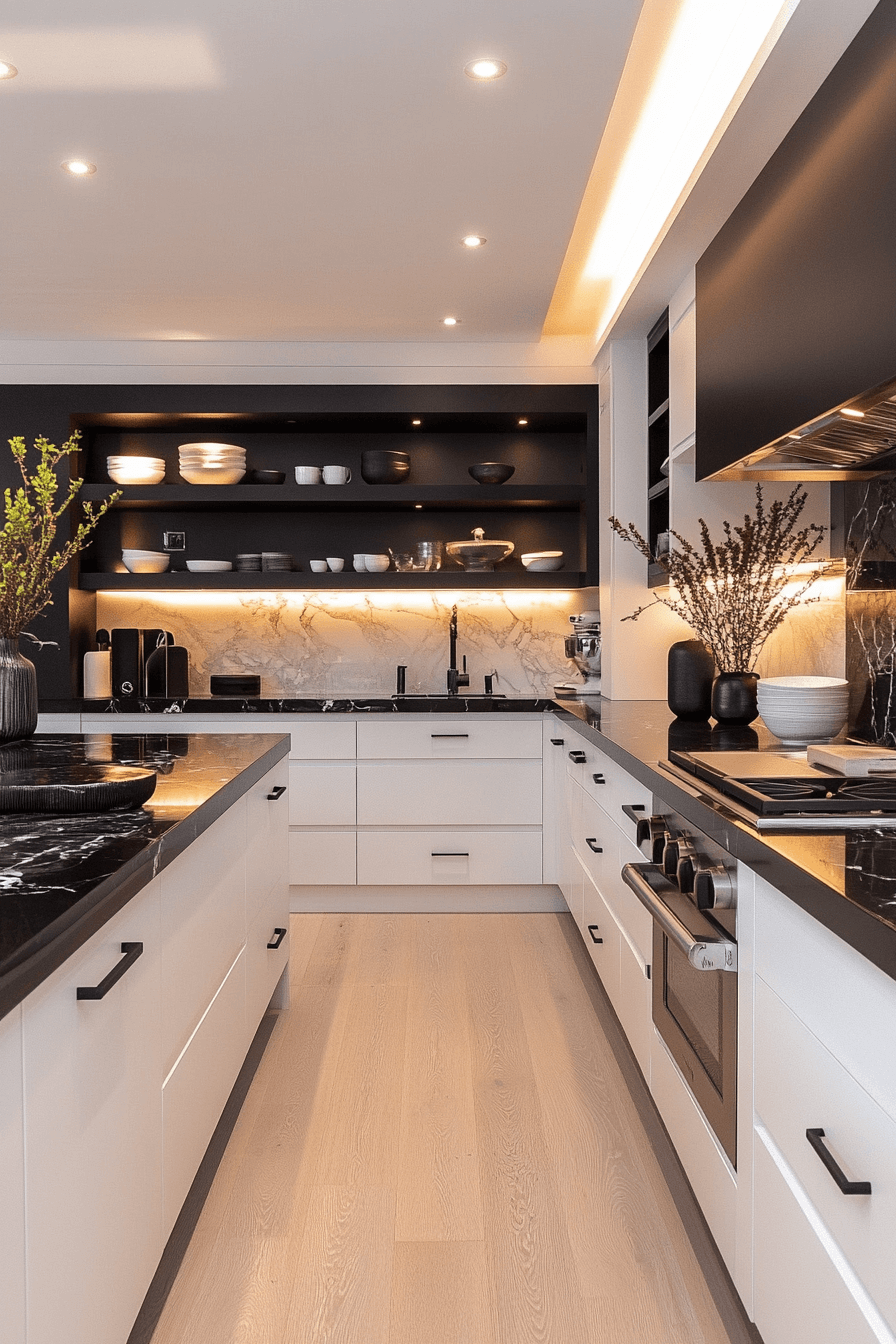 white cabinets black countertops