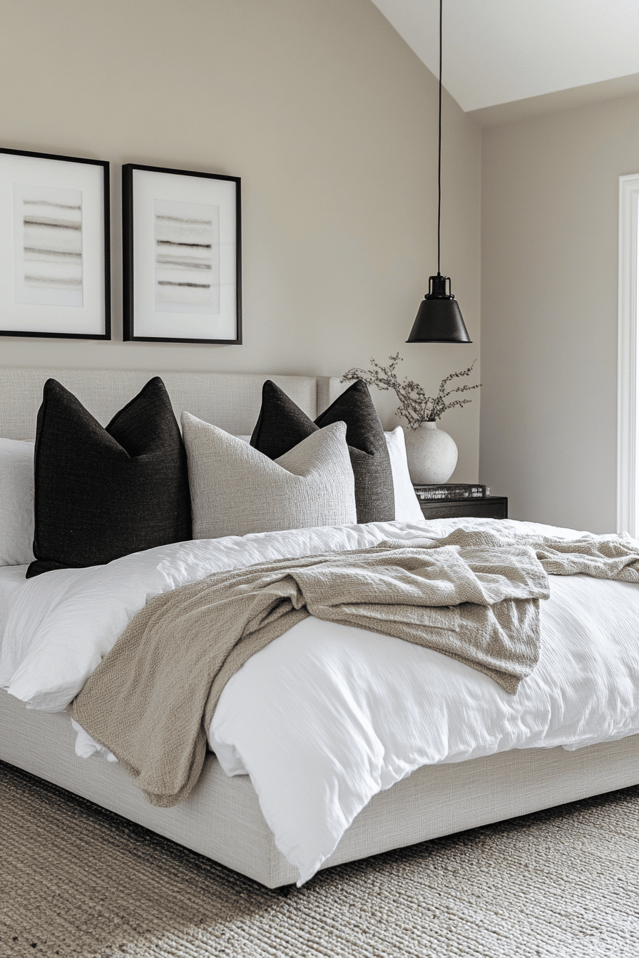 neutral bedroom with black accents