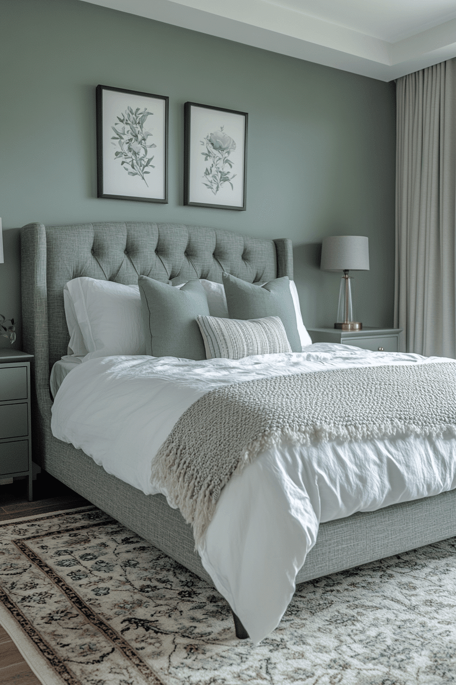 sage green and grey bedroom
