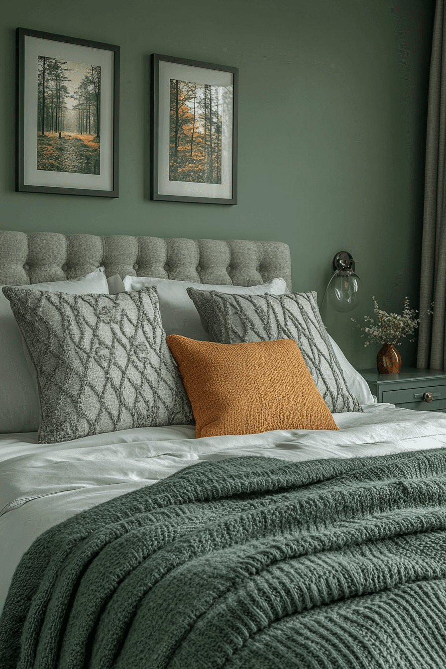 sage green and grey bedroom