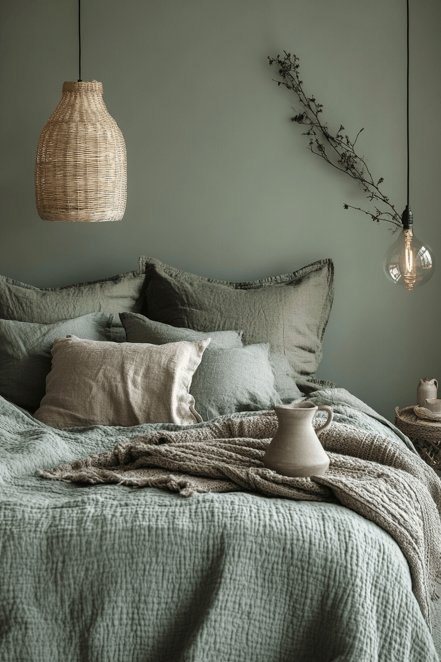 sage green and grey bedroom
