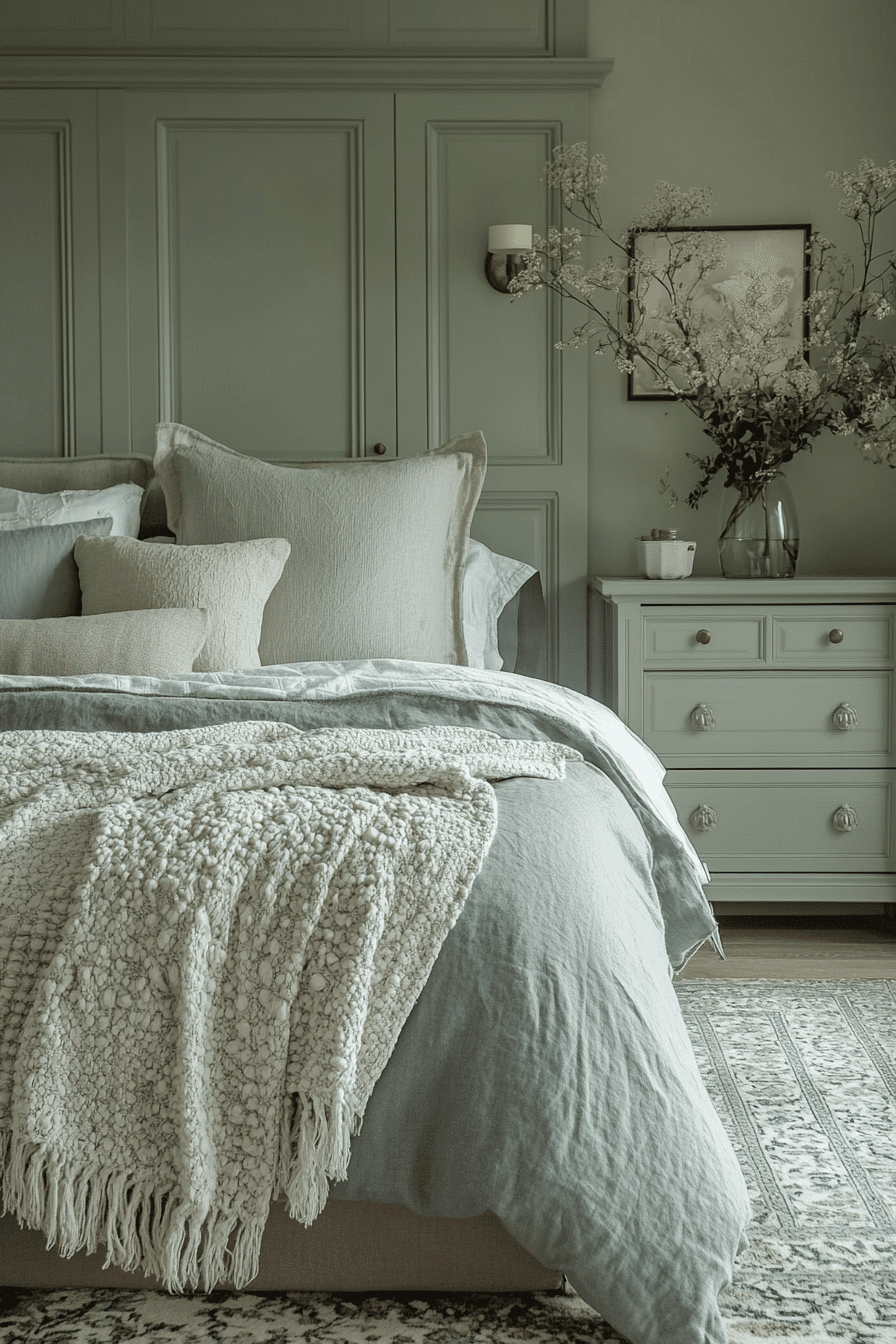 sage green and grey bedroom