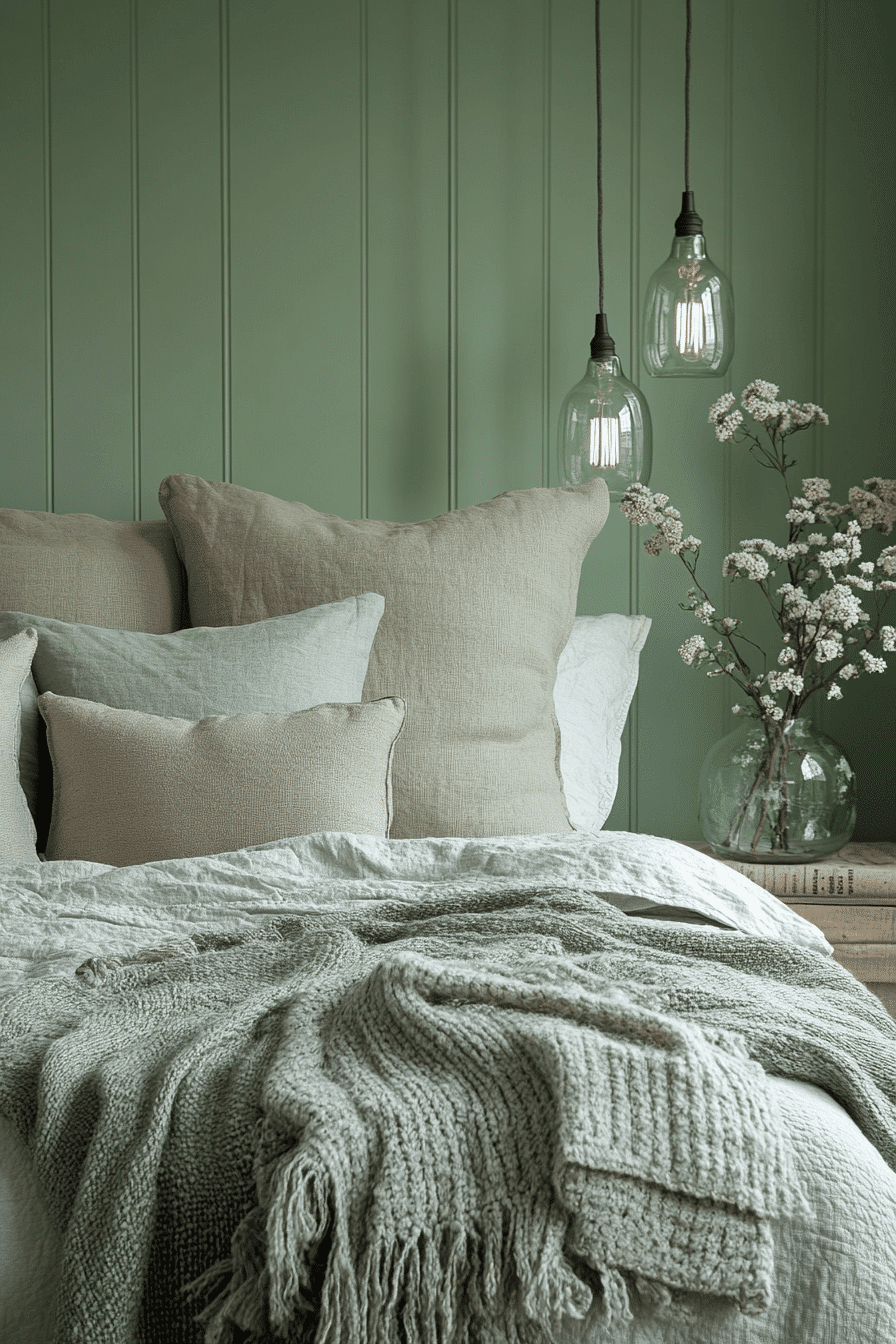 sage green and grey bedroom