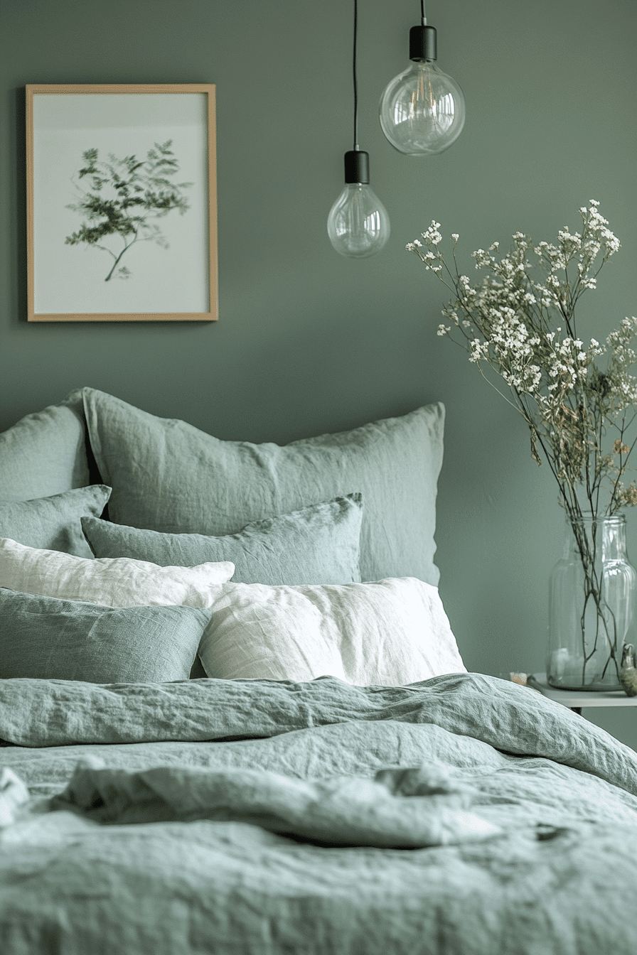 sage green and grey bedroom