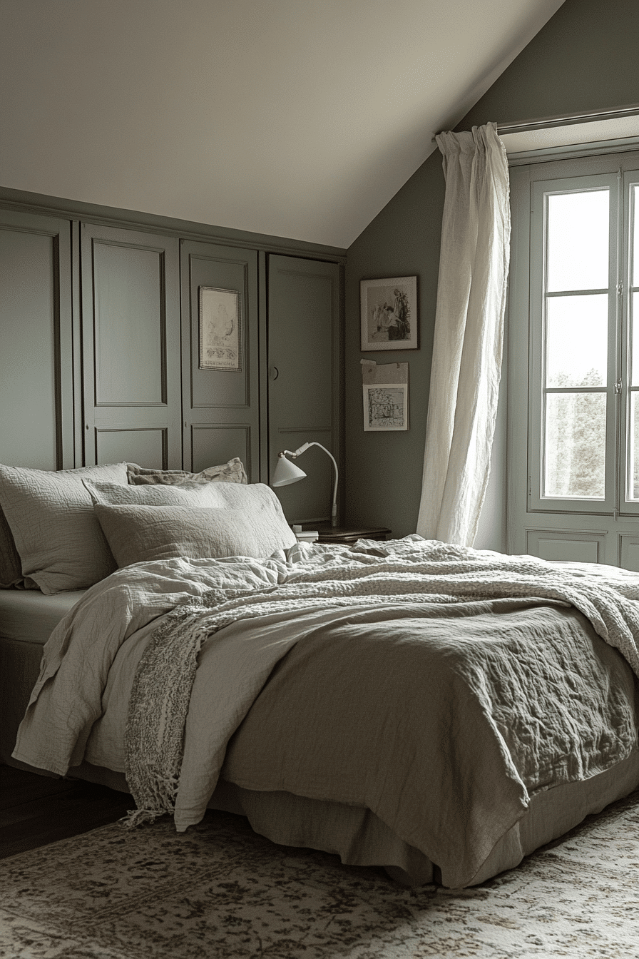 sage green and grey bedroom
