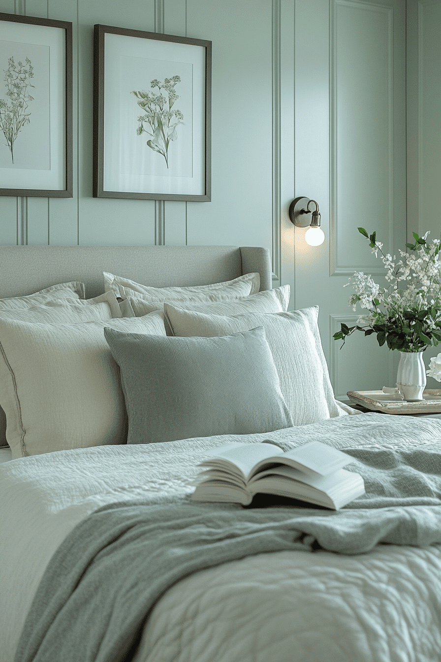 sage green and grey bedroom