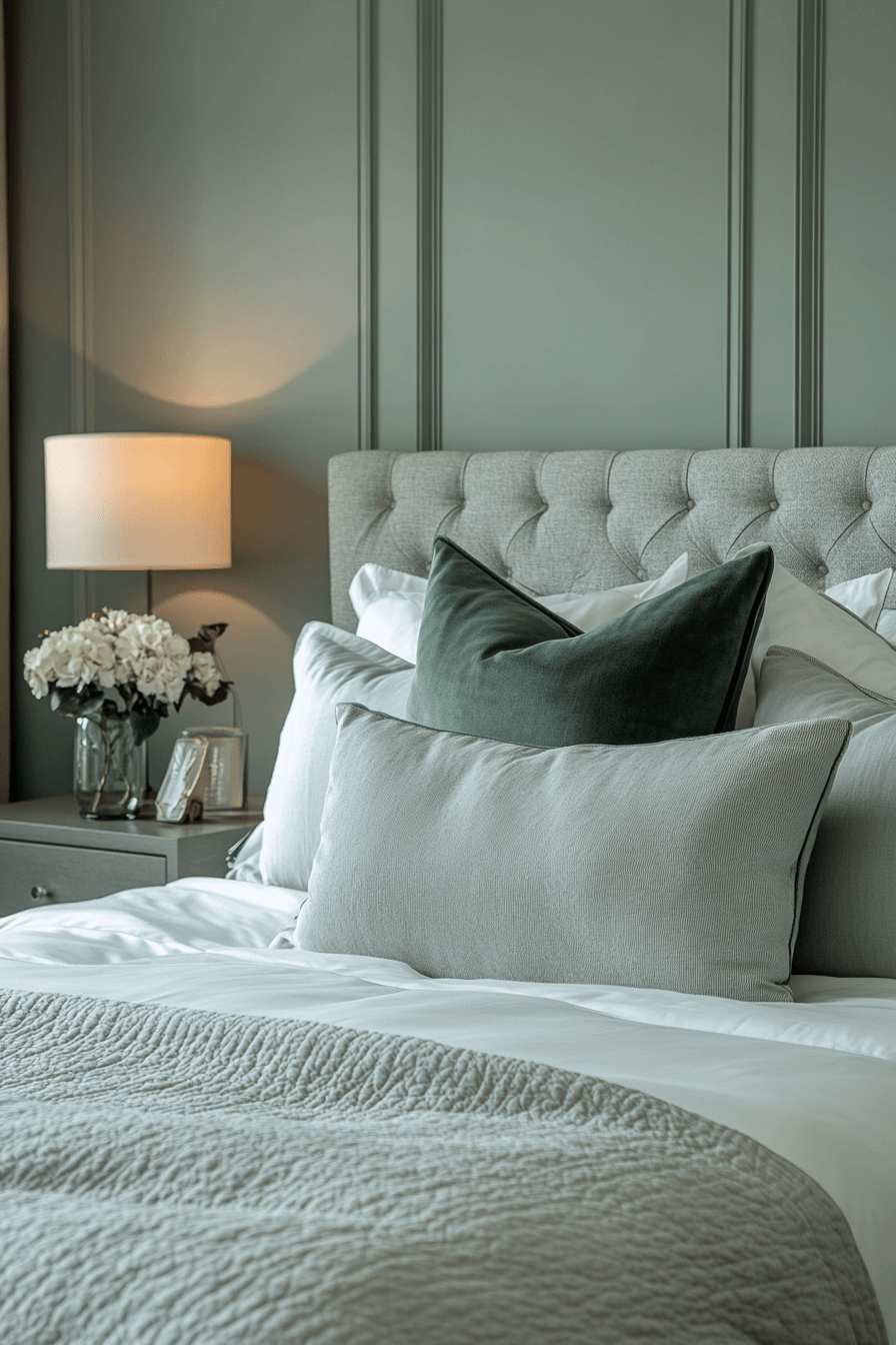 sage green and grey bedroom
