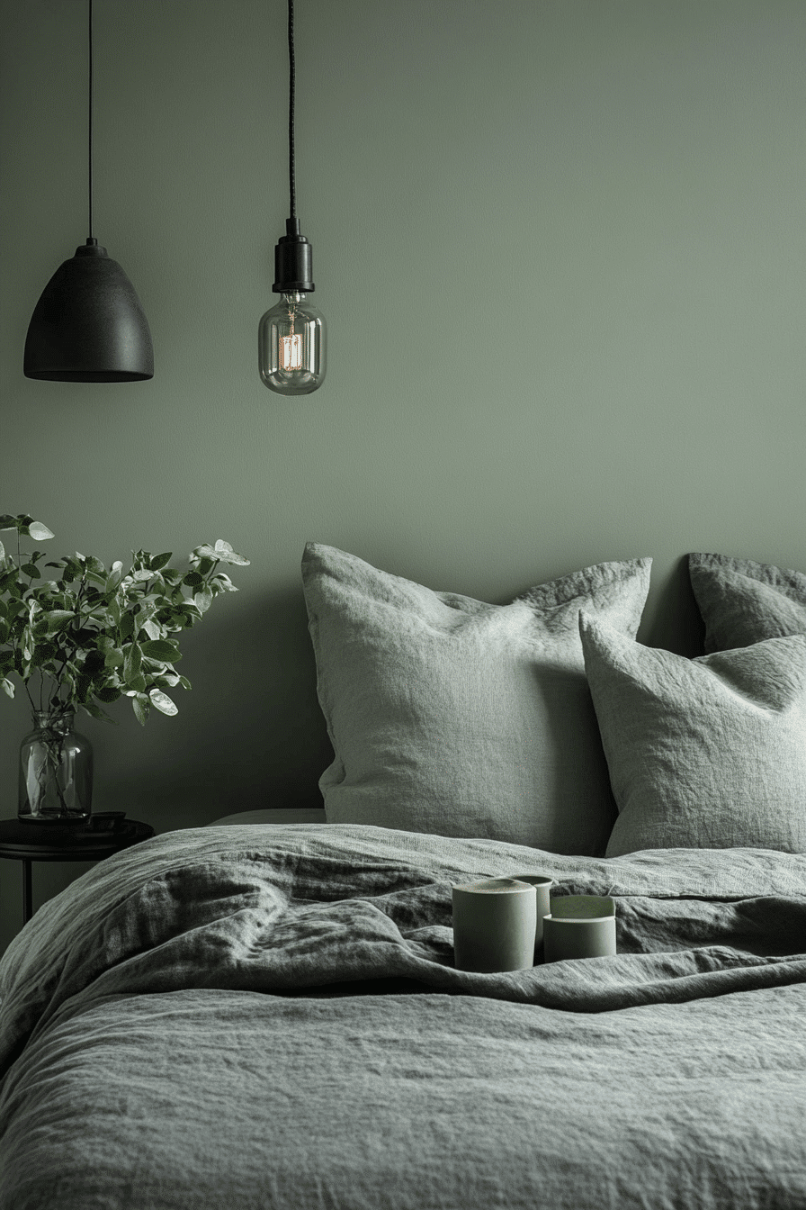 sage green and grey bedroom