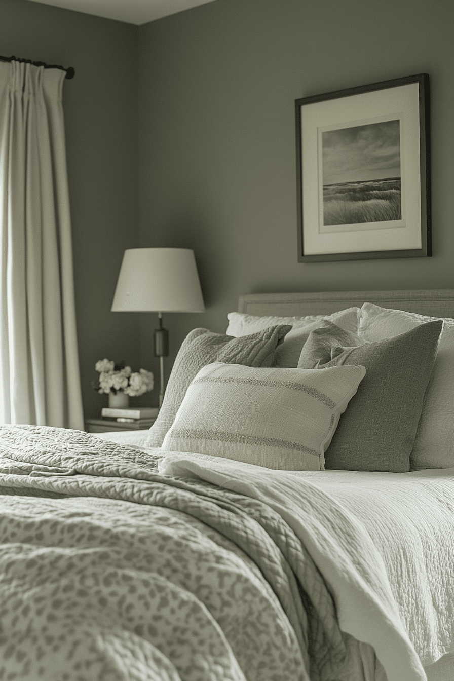 sage green and grey bedroom