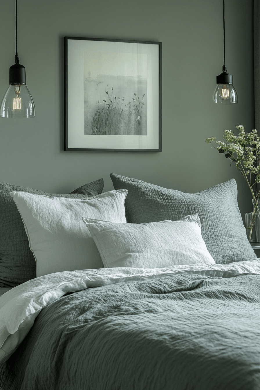 sage green and grey bedroom