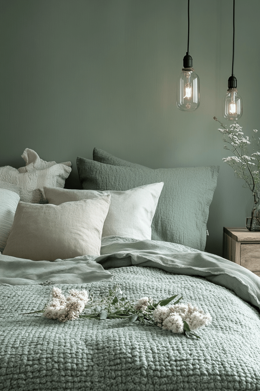 sage green and grey bedroom