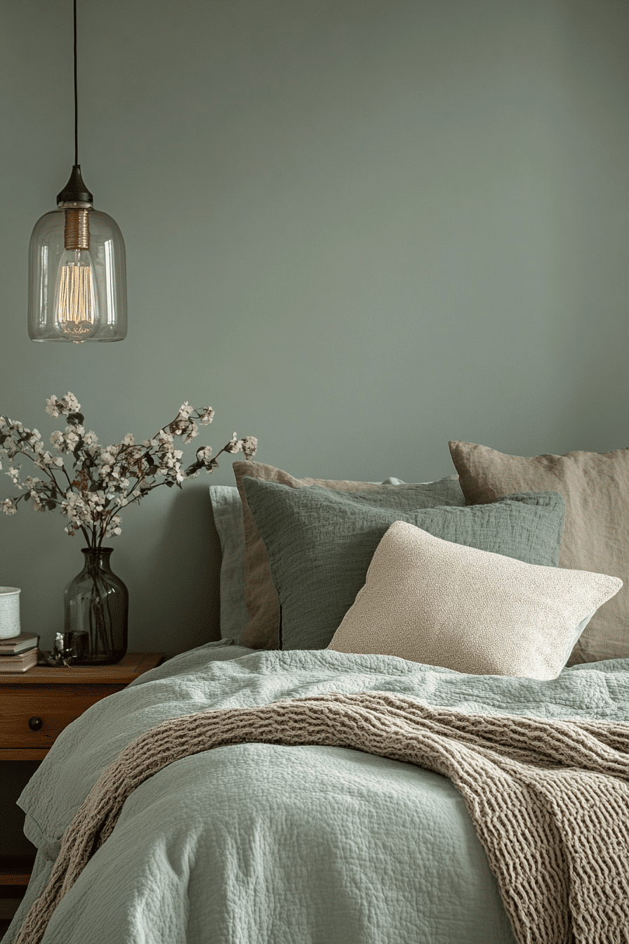 sage green and grey bedroom