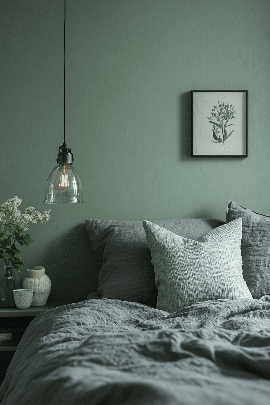 sage green and grey bedroom