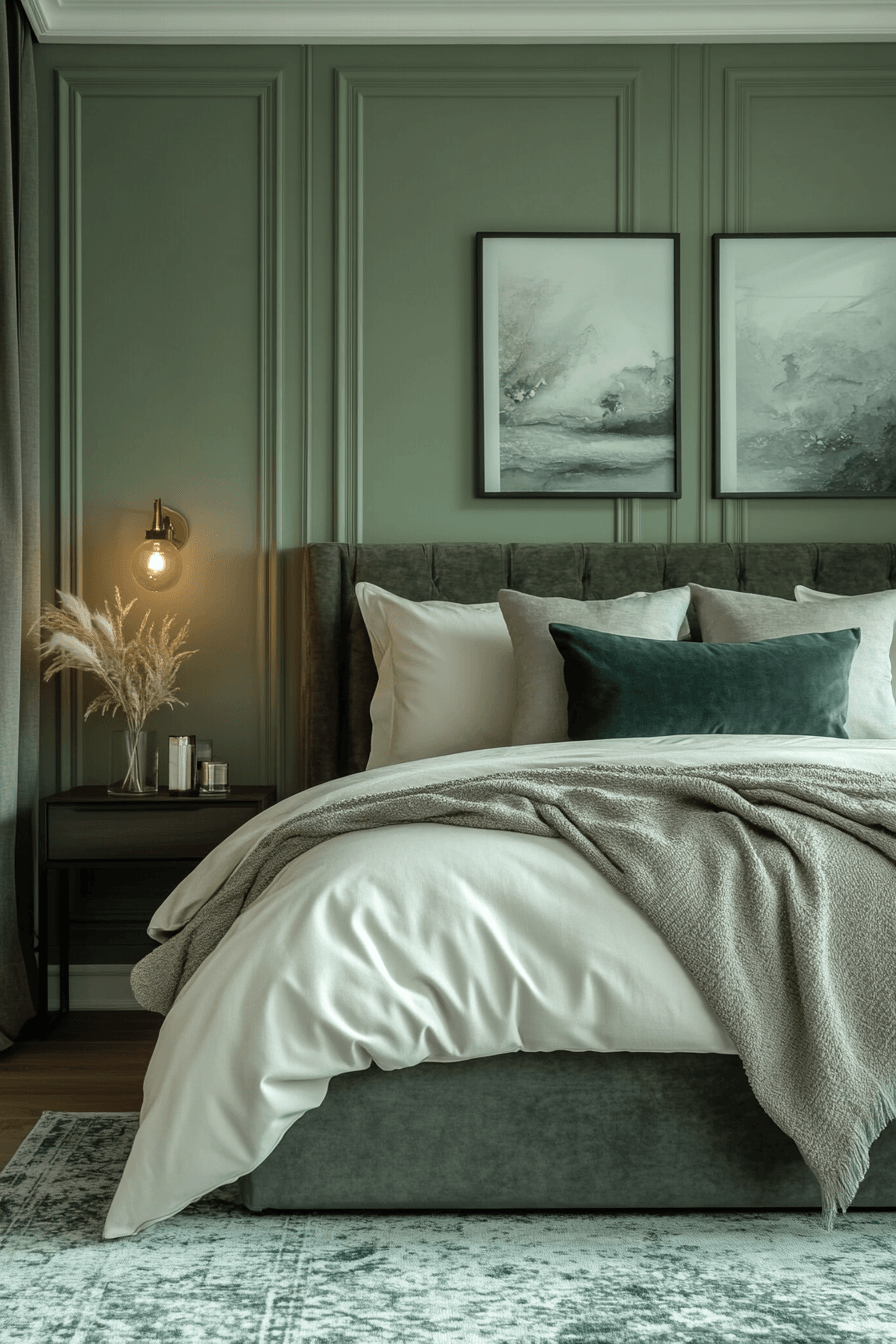 sage green and grey bedroom