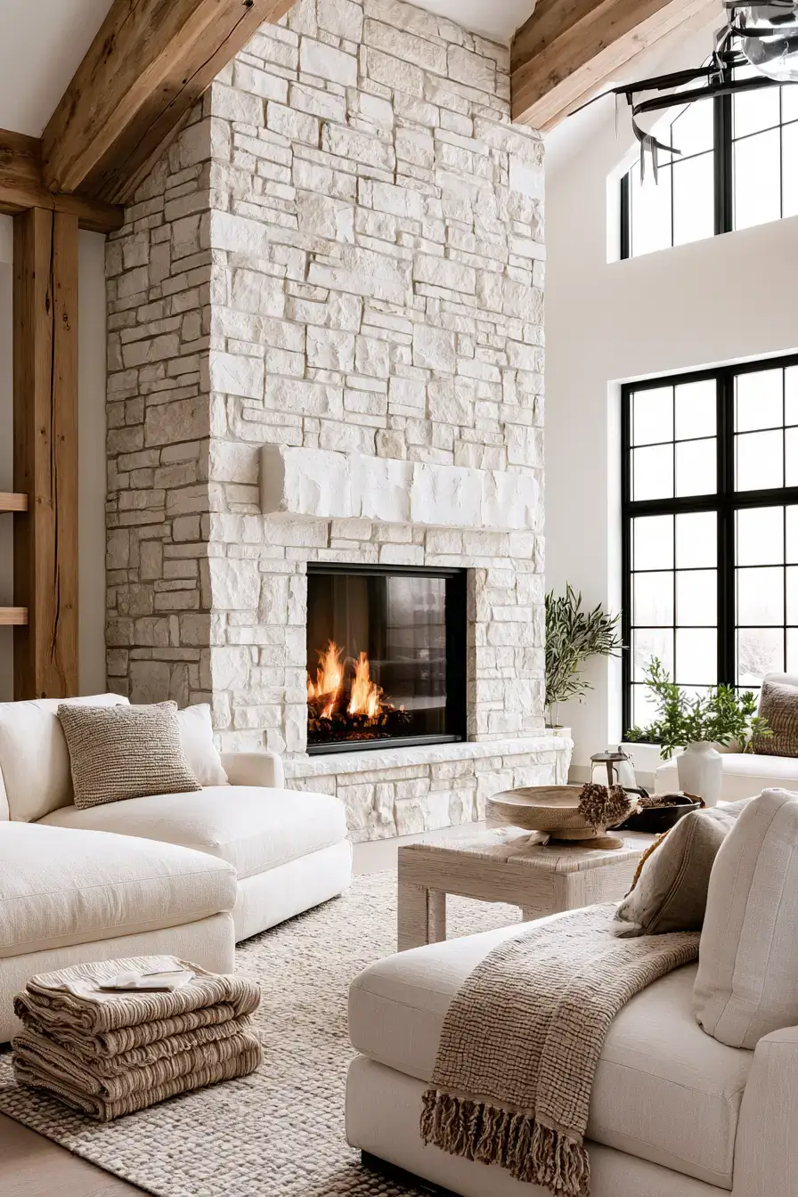 white stone fireplace