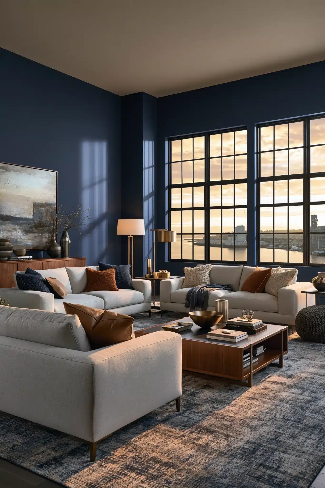 navy blue and grey living room