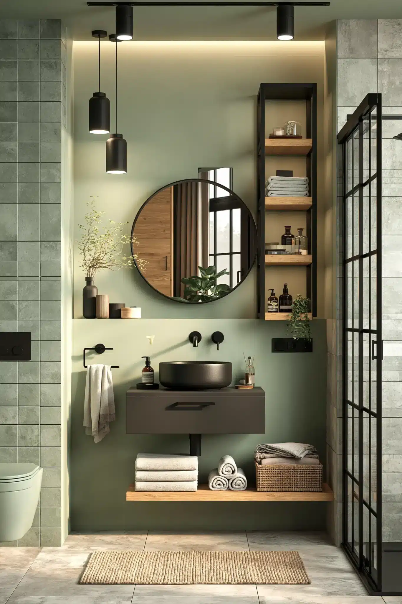 sage green and black bathroom