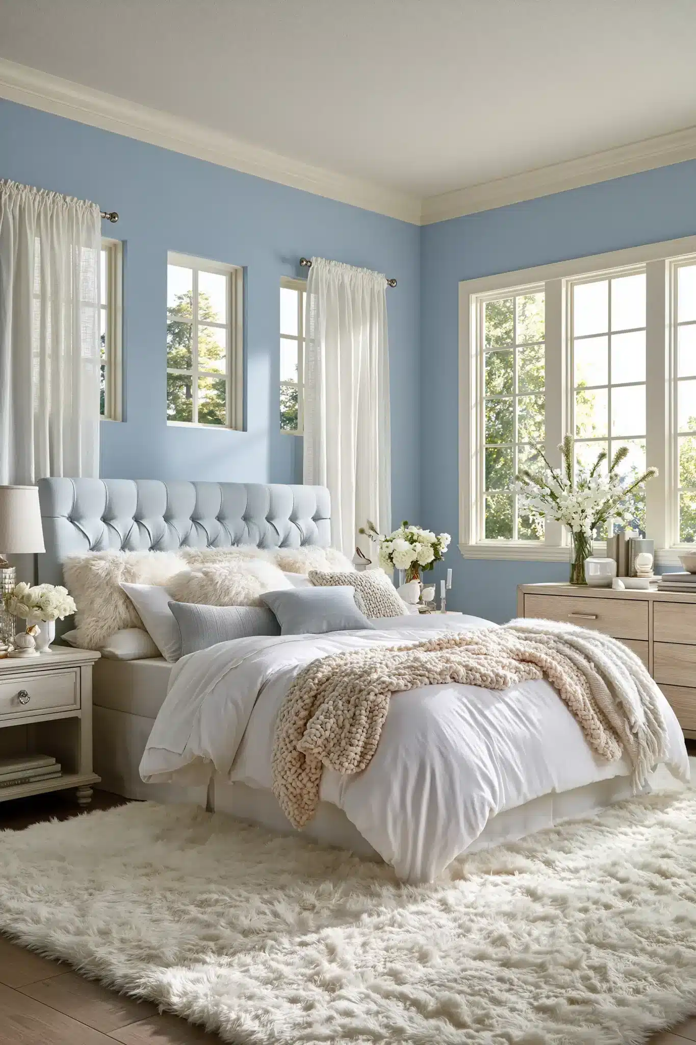 light blue and white bedroom