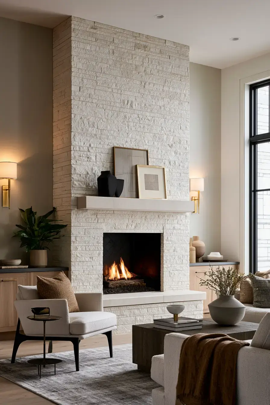 white stone fireplace