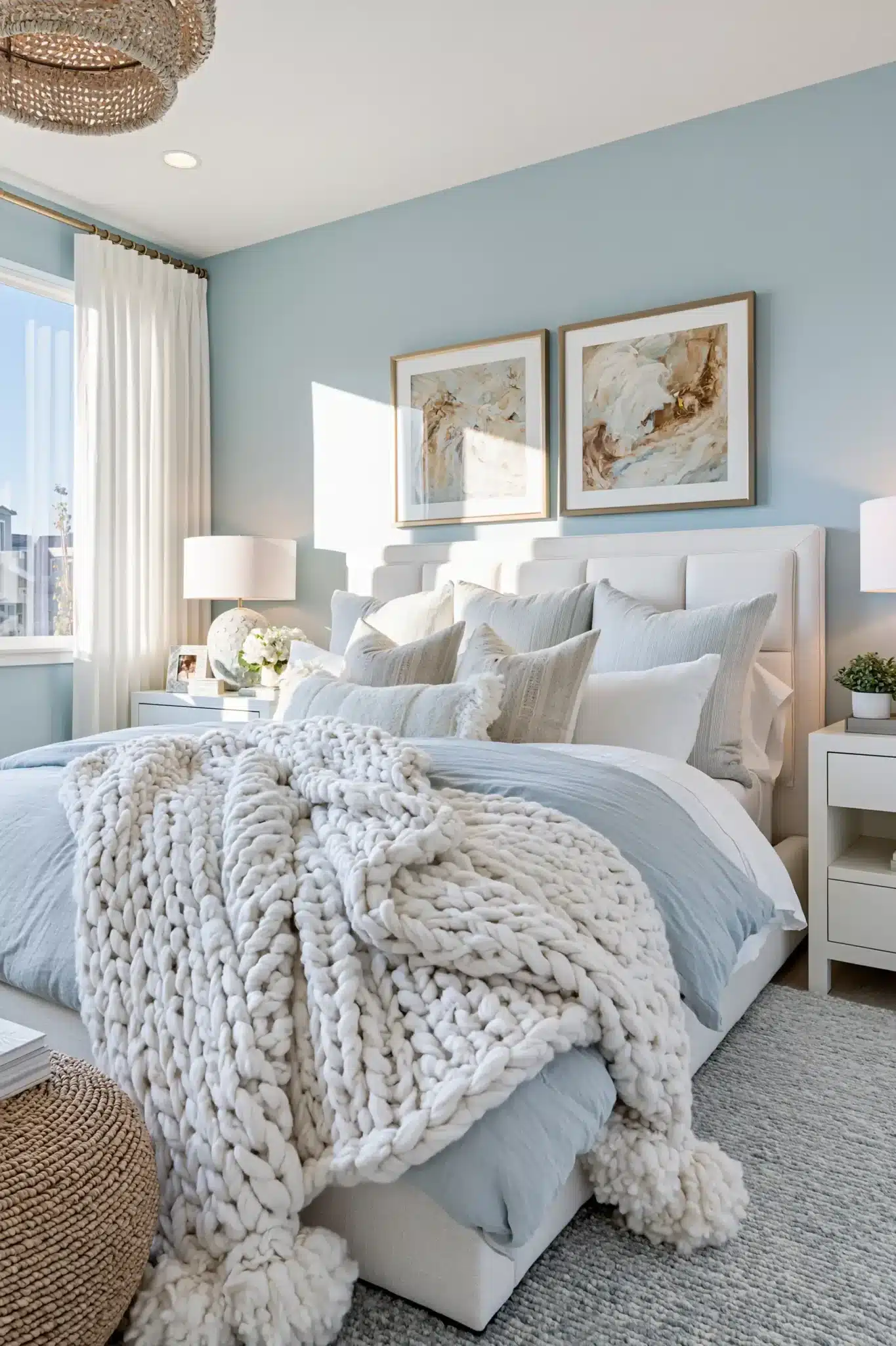 light blue and white bedroom