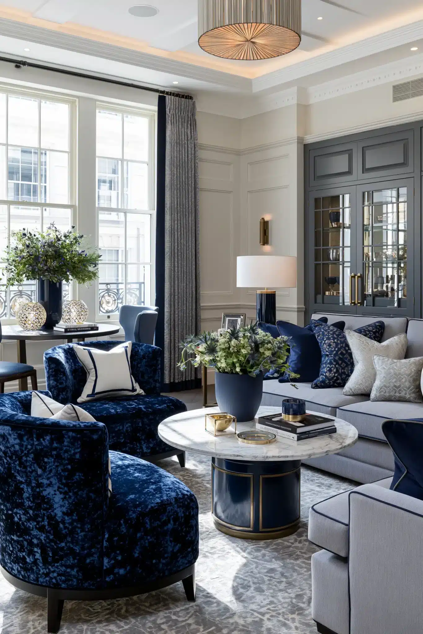 navy blue and grey living room