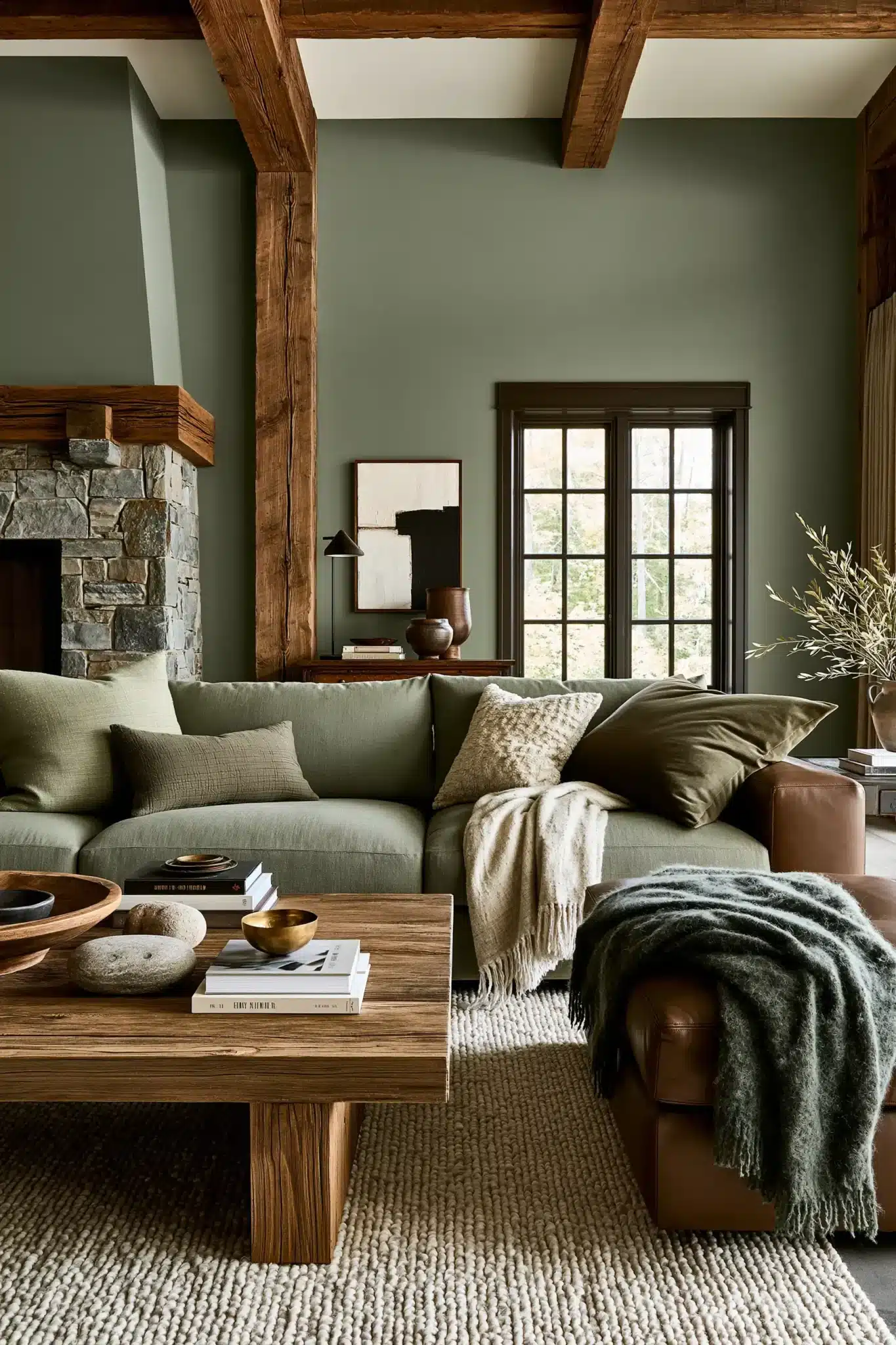 sage green and brown living room