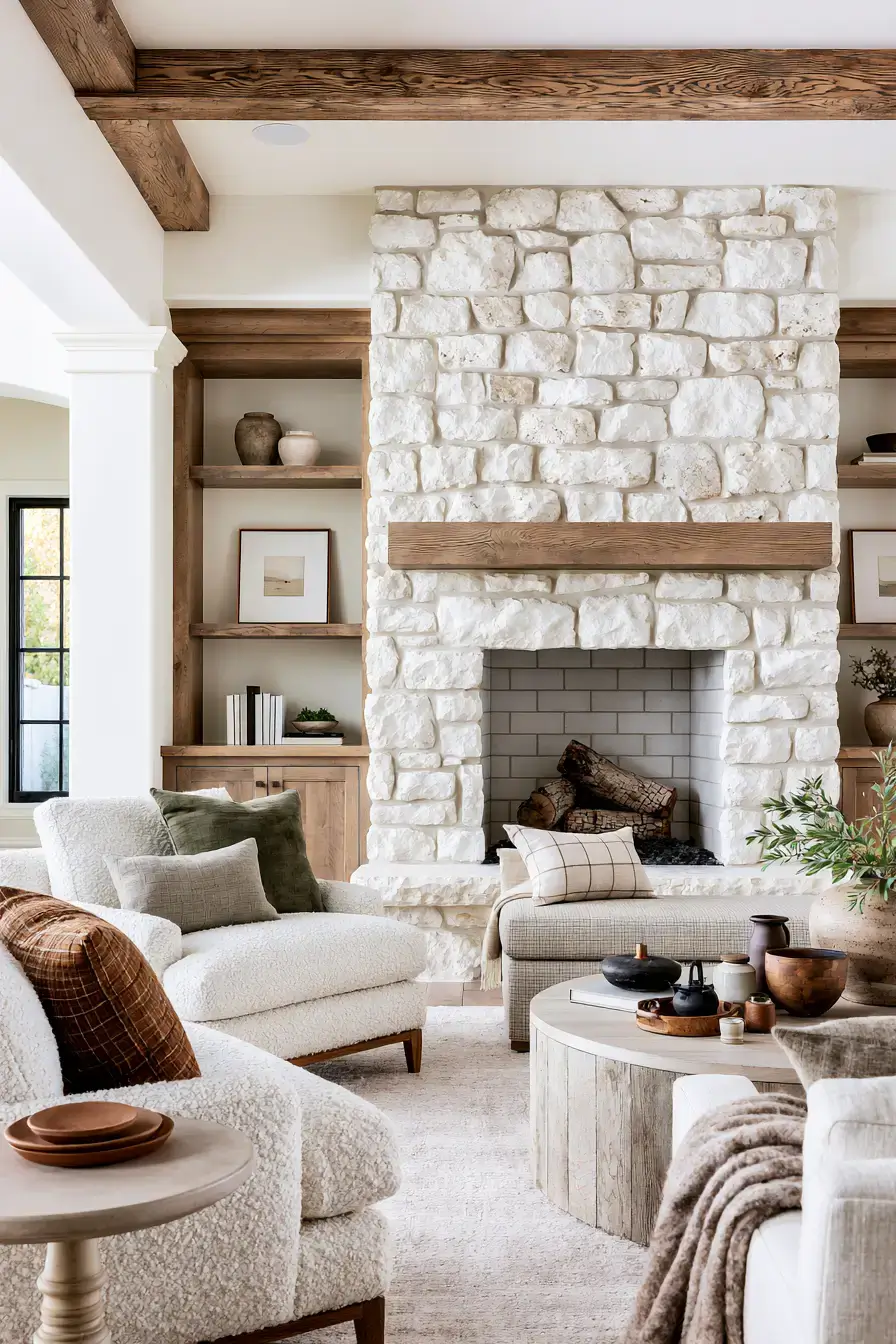 white stone fireplace