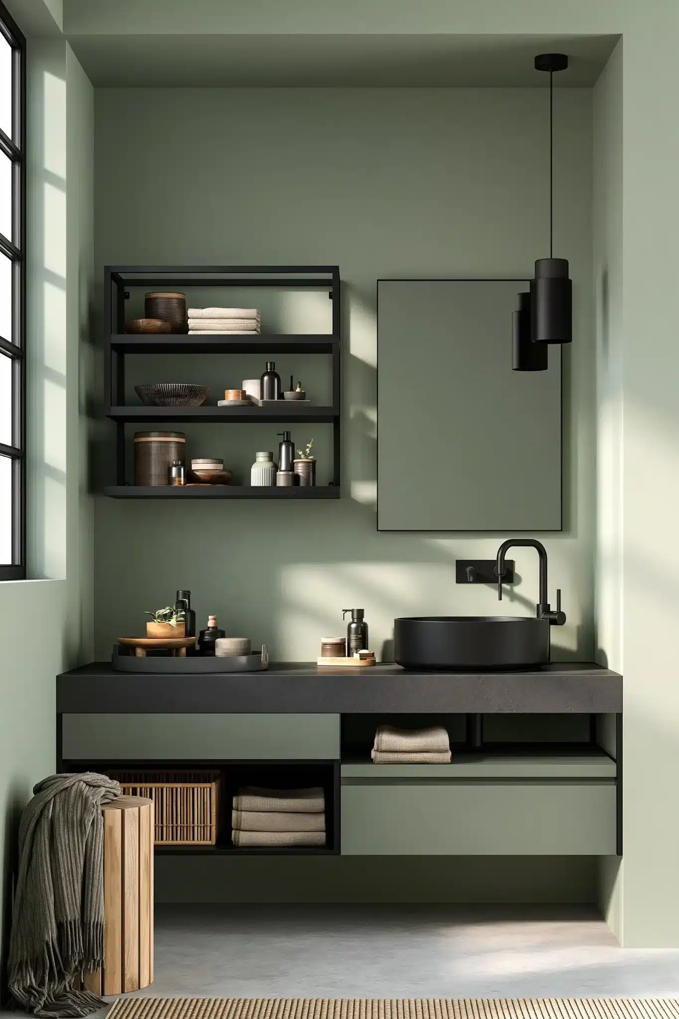 sage green and black bathroom