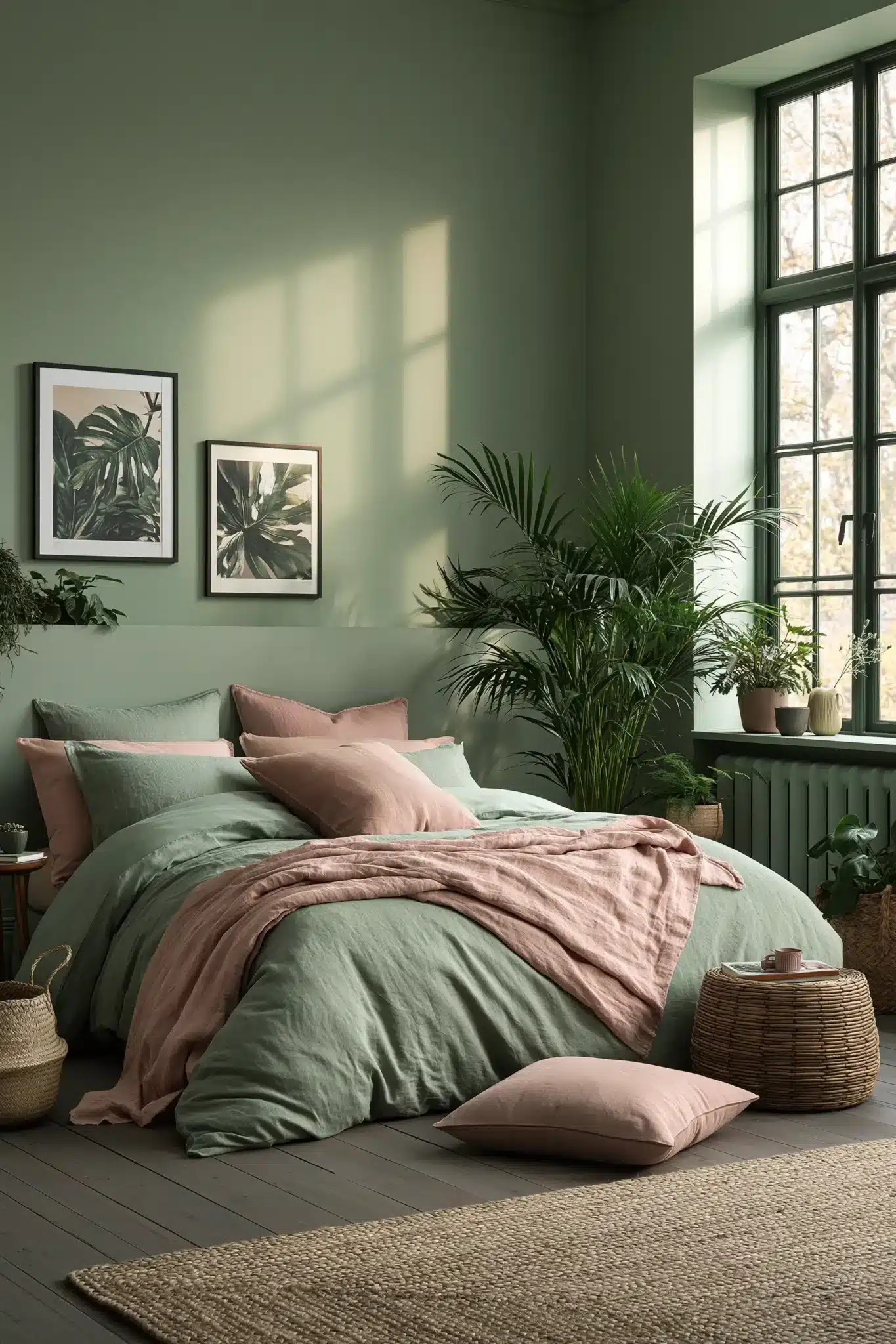 sage green and blush bedroom