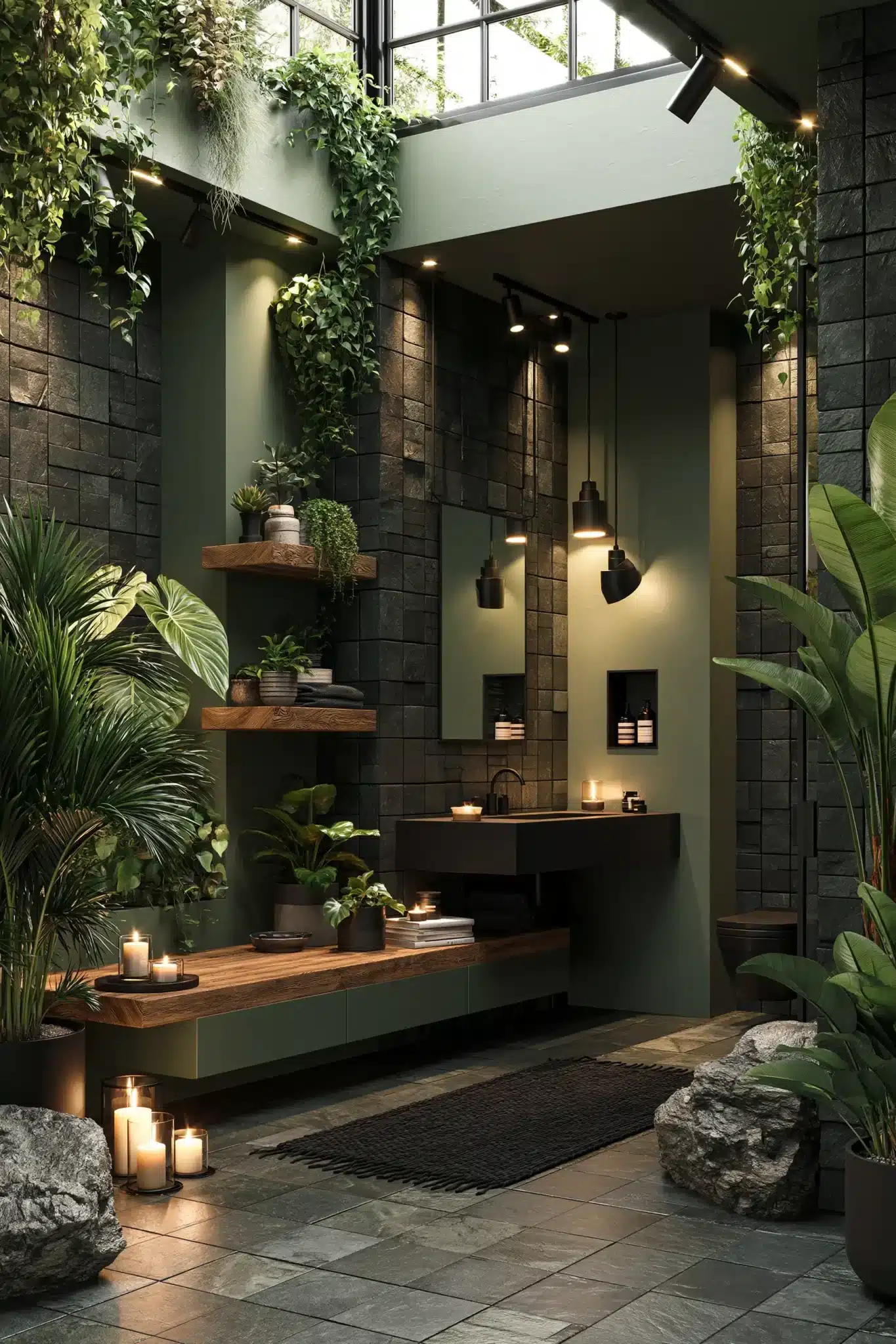 sage green and black bathroom