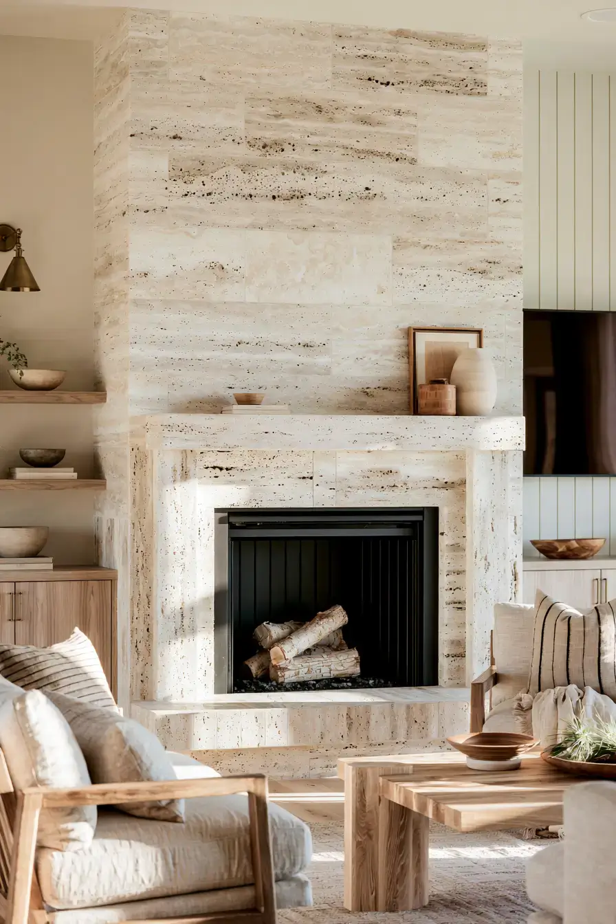 white stone fireplace