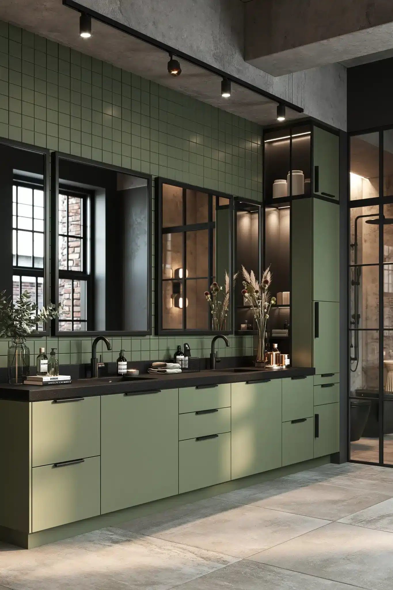 sage green and black bathroom