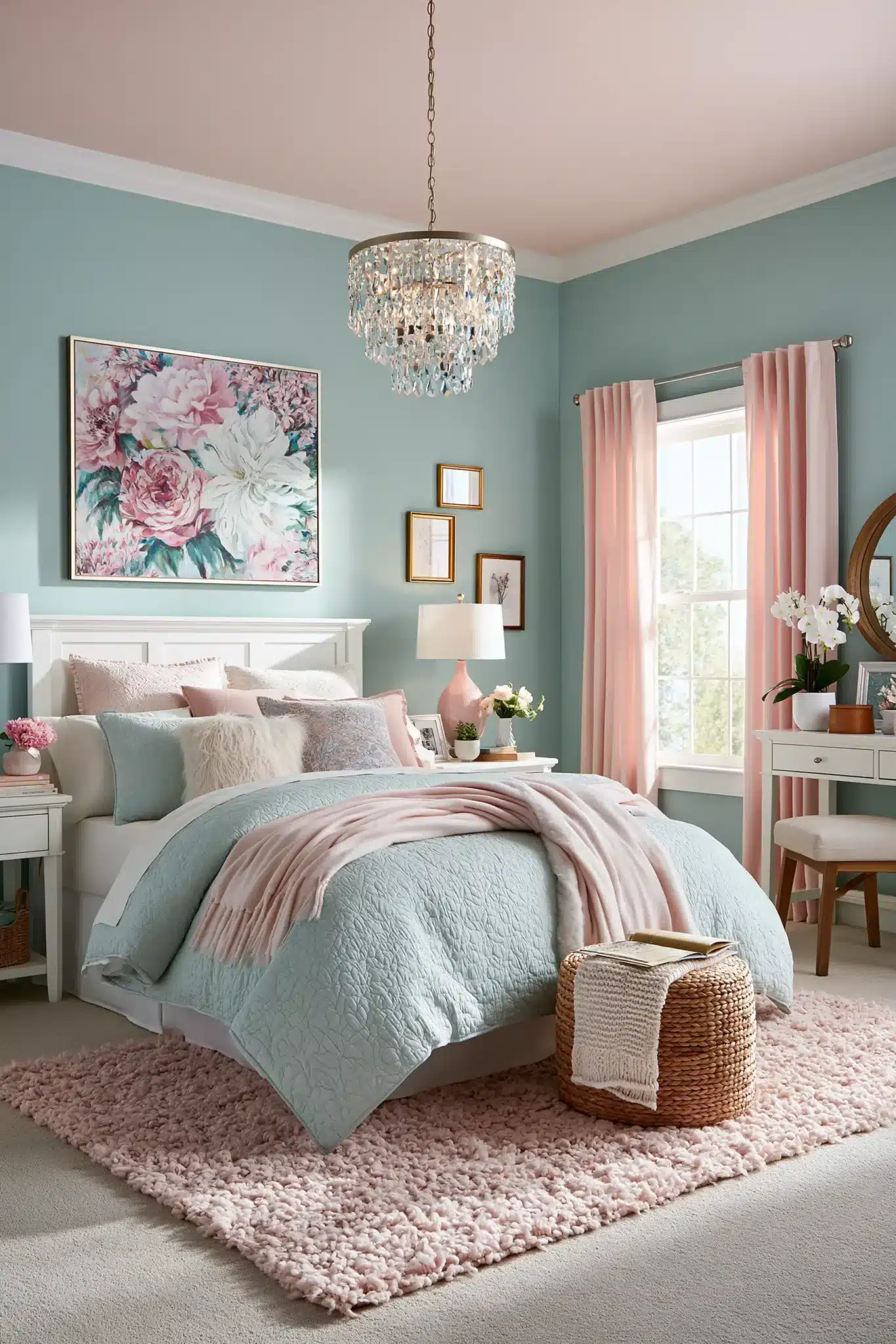 light blue and pink bedroom