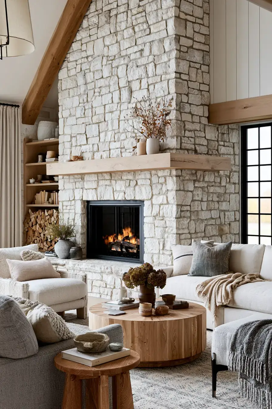 white stone fireplace